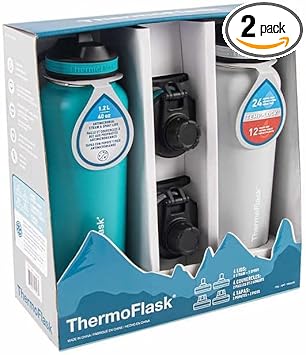 Thermoflask进口代理批发 ThermoFlask 带嘴吸管瓶，2 件装，40 盎司（青色和白色）