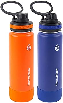 Thermoflask进口代理批发 Thermoflask 不锈钢保温水瓶，24 盎司，2 件装，橙色碎/海军蓝边缘