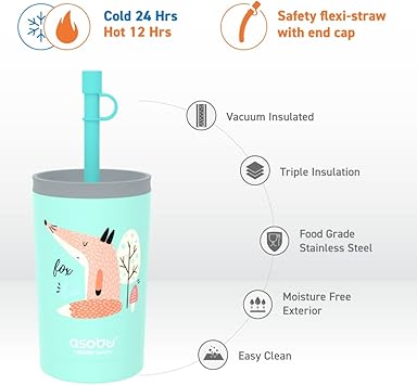 酷牌库|商品详情-Asobu进口代理批发 asobu 不锈钢儿童玻璃杯，带柔性吸管盖 |保温水瓶 |可重复使用的旅行杯 12 盎司（青色）