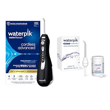 Waterpik进口代理批发 套装包含 Waterpik 黑色无绳高级 2.0 水牙线 WP-582 + Boost 喷嘴（含 30 颗美白片）、可充电便携式口腔冲洗器（适合旅行和家用）、正品 Waterpik 水牙线喷嘴