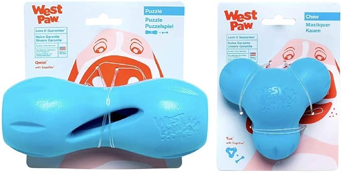 WEST PAW进口代理批发 WEST PAW Zogoflex Tux Treat 分配狗咀嚼玩具（大号，水色）和 Zogoflex Qwizl 狗拼图对待玩具（大号，水色）狗狗互动咀嚼玩具分配宠物零食