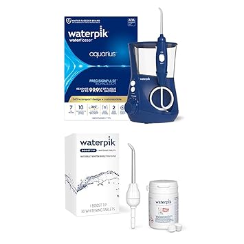 Waterpik进口代理批发 套装包含 Waterpik Aquarius 水牙线、蓝色 WP-663 和 Boost 牙线头（含 30 颗美白片）、电动牙科台面专业口腔冲洗器、正品 Waterpik 水牙线头