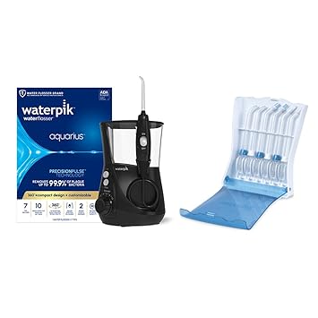 Waterpik进口代理批发 套装包含 Waterpik Aquarius 水牙线，黑色 WP-662，带方便、卫生且坚固的尖端存储盒，带 6 个替换牙线尖端，电动牙科台面专业口腔冲洗器