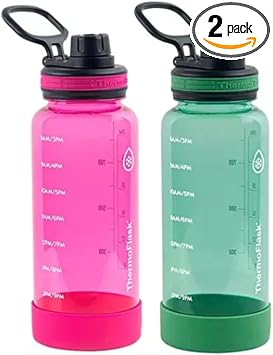 Thermoflask进口代理批发 Thermoflask 优质励志水瓶，带吸管盖，可定时饮用，不含 BPA Tritan 塑料，32 盎司，2 件装，兰花色/翡翠色