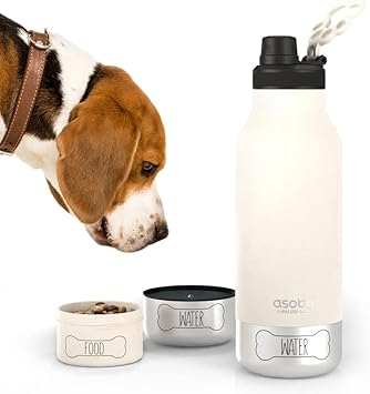 Asobu进口代理批发 asobu Dog Buddy Bottle 不锈钢隔热水瓶，带可拆卸狗水碗和狗粮和零食储存碗 34 盎司（白色）