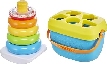 Fisher-Price进口代理批发 Fisher Price 婴儿礼品套装，含婴儿第一块积木（10 种形状）和 Rock-a-Stack 环堆叠玩具，适合 6 个月以上儿童（亚马逊独家）