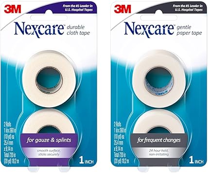 Nexcare进口代理批发 Nexcare 耐用布胶带 1 英寸 x 10 码 2 片温和纸胶带 1 英寸 x 10 码 2 卷伤口敷料医用胶带套装