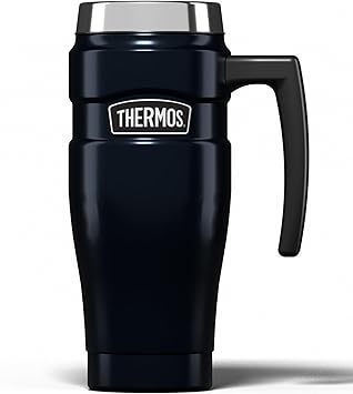 THERMOS进口代理批发 Thermos 不锈钢特大号午夜蓝色旅行杯（470 毫升），可重复使用的隔热不锈钢咖啡杯，适合热饮或冷饮，真空密封水瓶，带防漏盖，7 小时热/18 小时