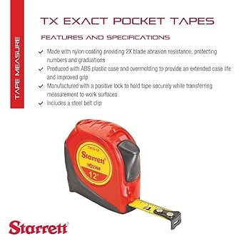 酷牌库|商品详情-Starrett进口代理批发 Starrett 精确可伸缩英制袖珍卷尺，带尼龙涂层、自动调节端钩和钢带夹 - 1/2 英寸宽 x 12 英寸长 - KTX12-12-N