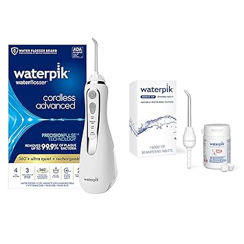 Waterpik进口代理批发 套装包含 Waterpik White 无绳高级 2.0 水牙线 WP-580 + Boost 喷嘴（含 30 颗美白片）、可充电便携式口腔冲洗器（适合旅行和家用）、正品 Waterpik 水牙线喷嘴