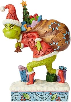 Enesco进口代理批发 Enesco Dr. Seuss Grinch by Jim Shore 圣诞老人格林奇雕像尖头，带礼物，格林奇玛树脂石手工制作的收藏品圣诞雕像家居装饰雕塑雕像，7.68 英寸，多色