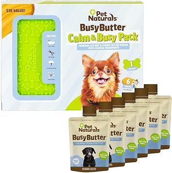 Pet Naturals进口代理批发 Pet Naturals Calm and Busy 套装，含 6 袋 BusyButter 镇静花生酱和带吸盘的优质舔垫