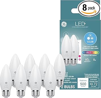 酷牌库|商品详情-GE进口代理批发 GE LED+ 变色蜡烛 LED 灯泡带遥控，6W，装饰灯泡，中号底座（8 件装）