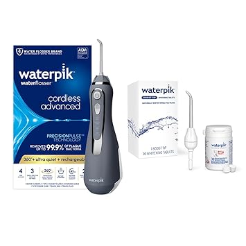 Waterpik进口代理批发 套装包含 Waterpik Grey 无绳高级 2.0 水牙线 WP-587 + Boost 喷嘴（含 30 颗美白片）、可充电便携式口腔冲洗器（适合旅行和家用）、正品 Waterpik 水牙线喷嘴