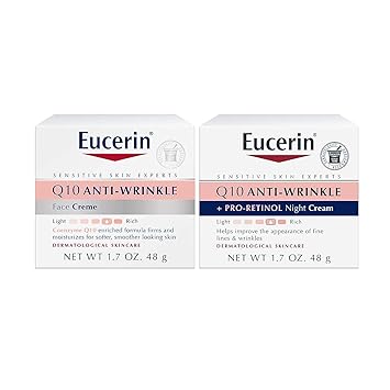 Eucerin进口代理批发 Eucerin Q10 抗皱护肤套装，适合敏感肌肤的面霜，Q10 抗皱面霜，1.7 盎司罐 + Q10 含视黄醇抗皱晚霜，1.7 盎司罐