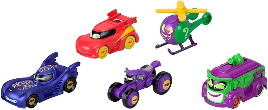 酷牌库|商品详情-Fisher-Price进口代理批发 Fisher-Price DC Batwheels 1:55 比例玩具车 5 件装，Bam Batmobile Redbird Prank Bibi & Quizz，Batcast 金属压铸车辆，适合 3 岁以上