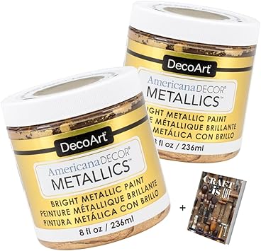 DecoArt进口代理批发 DecoArt Americana Decor Metallics 24K Gold Paint - 2 Pack 8oz 金属 24K Gold Acrylic Paint - 水性多表面涂料，适用于艺术和工艺品、家居装饰、墙面装饰、镀金涂料（带电子书）