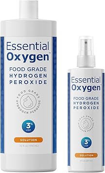 Essential Oxygen进口代理批发 必需氧气，食品级过氧化氢，8 + 32 液量盎司，天然清洁剂，3%，1 - 8 液量盎司喷雾剂和 1 - 32 液量盎司瓶装，补充装，HP（2 件装）