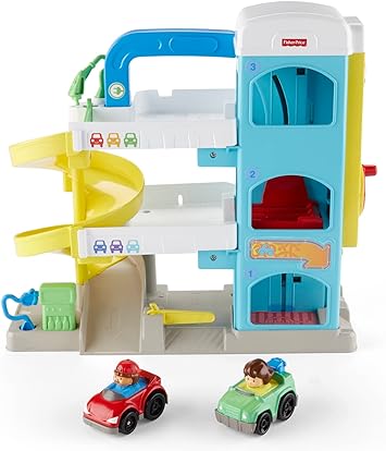 Fisher-Price进口代理批发 Fisher-Price Little People 幼儿玩具乐于助人的邻居车库玩具套装，带螺旋坡道和 2 辆汽车，适合 18 个月以上假装游戏