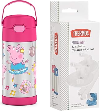 THERMOS进口代理批发 THERMOS FUNTAINER 12 盎司不锈钢真空隔热儿童吸管瓶，小猪佩奇 |保温瓶替换吸管