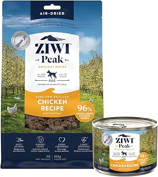 ZIWI进口代理批发 ZIWI Peak 鸡肉狗粮套装全天然、高蛋白、无谷物和有限成分，含超级食品（风干 1.0 磅袋 + 12 盒，6 盎司罐）