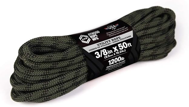 Atwood Rope进口代理批发 Atwood Rope MFG 3/8 英寸 50 英尺编织实用绳。迷彩，50 英尺美国制造，轻质坚固多功能绳索，适合露营、生存、DIY、打结