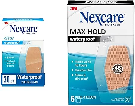 Nexcare进口代理批发 Nexcare 防水透明膝盖和肘部绷带，30 片最大容量防水绷带，6 件装，提供 48 小时保护