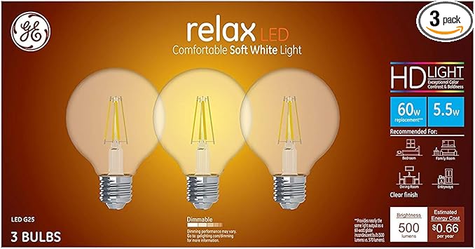 GE进口代理批发 GE Relax LED 灯泡，60 瓦，柔和白色，G25 球形灯泡，透明，中号底座（3 件装）