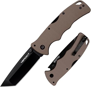 Cold Steel进口代理批发 Cold Steel Verdict 3 英寸 AUS10A Tanto 尖刀片 4.25 英寸 G-10 FDE 手柄日常携带战术折叠刀带 Tri-Ad 锁