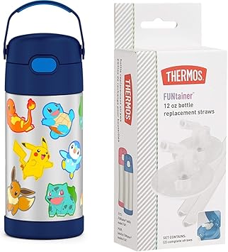 THERMOS进口代理批发 THERMOS FUNTAINER 12 盎司不锈钢真空隔热儿童吸管瓶、Pokemon 和 Thermos 替换吸管