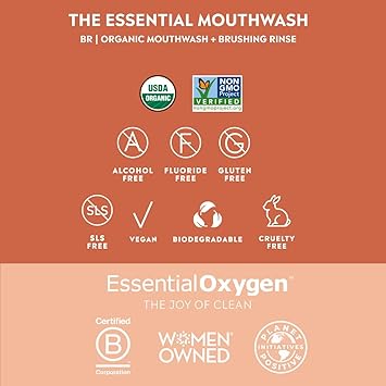 酷牌库|商品详情-Essential Oxygen进口代理批发 Essential Oxygen BR 认证有机刷牙漱口水，全天然漱口水，可让牙齿更白、口气更清新、牙龈更健康，不含酒精口腔护理，肉桂，2 件套，16 盎司