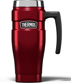 THERMOS进口代理批发 Thermos 不锈钢大红色旅行杯（470 毫升），可重复使用的隔热不锈钢咖啡杯，适合热饮或冷饮，真空密封水瓶，带防漏盖，7 小时热/18 小时