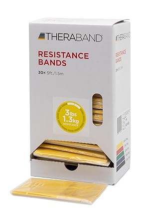 Theraband进口代理批发 THERABAND 阻力带，5 英尺，30 片专业乳胶弹力带，适用于上半身和下半身锻炼、物理治疗、普拉提、家庭锻炼和康复，黄色，薄型，初学者 2 级