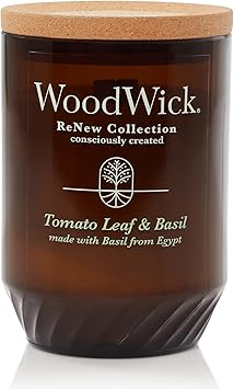 WoodWick进口代理批发 WoodWick Renew 大号蜡烛，番茄叶和罗勒香薰蜡烛，13 盎司，植物大豆蜡混合物，采用升级回收材料和精油制成，燃烧时间长达 75 小时