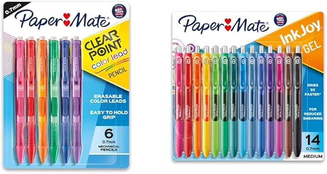 Paper Mate进口代理批发 Paper Mate Clearpoint 自动铅笔，0.7 毫米铅芯铅笔，黑色笔管，可补充装，6 支装和中性笔 InkJoy 钢笔，中号笔，什锦，14 支装