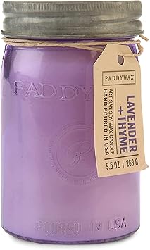 Paddywax进口代理批发 Paddywax 香味调味系列大豆蜡工匠蜡烛带盖玻璃罐装，9.5 盎司，薰衣草 + 百里香