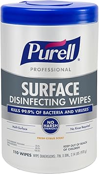 Purell进口代理批发 Purell 专业表面消毒湿巾，7 英寸 x 8 英寸，每罐 110 片湿巾