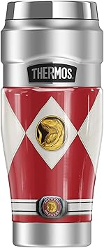 THERMOS进口代理批发 恐龙战队 Red Ranger 徽章 THERMOS 不锈钢 KING 不锈钢旅行杯，真空隔热，双层，16 盎司