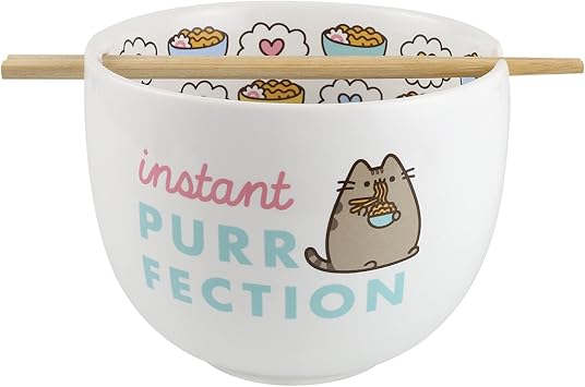 Enesco进口代理批发 Enesco Pusheen 猫即时呼噜声拉面碗和筷子，5.5 英寸，多色