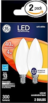 GE进口代理批发 GE LED 灯泡，40 瓦，柔和的白色，装饰灯泡，磨砂，小底座（2 件装）