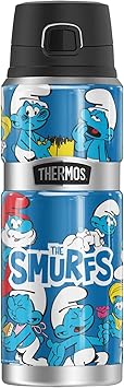 THERMOS进口代理批发 The Smurfs 官方 Smurf Group 拼贴 THERMOS 不锈钢 KING 不锈钢饮料瓶，真空隔热和双层，24 盎司