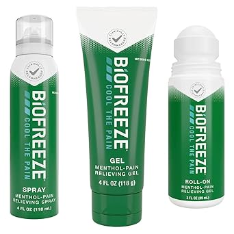 Biofreeze进口代理批发 Biofreeze 止痛走珠、凝胶和喷雾、膝盖和下背疼痛缓解、肌肉酸痛缓解、颈部疼痛缓解、FSA 合格、混合装（薄荷醇 3 液量盎司滚珠、4 液量凝胶、4 液量盎司喷雾）