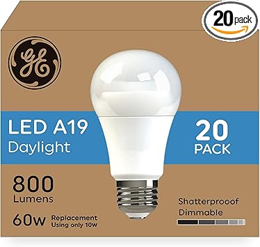 GE进口代理批发 GE LED 灯泡，60 瓦，日光，A19（20 个装）