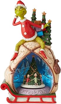 Enesco进口代理批发 Enesco Dr. Seuss Grinch Jim Shore Santa Grinch 偷圣诞点亮旋转动画雕像 LED，手工制作树脂石雕像收藏圣诞雕像家居装饰，11.5 英寸，多色