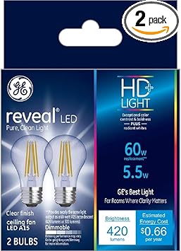 GE进口代理批发 GE Reveal LED 灯泡，60 瓦，A15 吊扇灯泡，中号底座（2 件装）