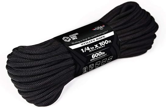 Atwood Rope进口代理批发 Atwood Rope MFG 1/4 英寸编织实用绳。黑色，100 英尺美国制造，轻质坚固多功能绳索，适合露营、生存、DIY、打结