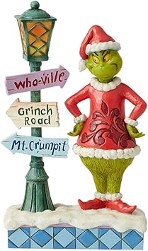 Enesco进口代理批发 Enesco Dr. Seuss Grinch by Jim Shore Grinch 圣诞老人站在路灯旁边点亮雕像，带 LED 灯，可收藏的圣诞雕像手工制作树脂石雕像装饰，10.24 英寸，多色