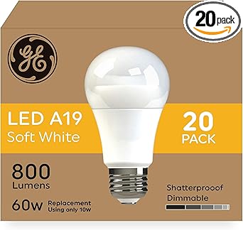 GE进口代理批发 GE LED 灯泡，60 瓦，柔和的白色，A19（20 个装）