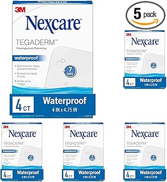 Nexcare进口代理批发 Nexcare Tegaderm 防水透明敷料，防污、防菌，为轻微烧伤、擦伤、割伤、水泡和擦伤提供保护，4 x 4.75 英寸，4 片（5 片装）