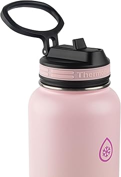 酷牌库|商品详情-Thermoflask进口代理批发 Thermoflask 40 盎司不锈钢保温水瓶，带吸管和喷嘴盖，2 件装，黑色/玫瑰紫色